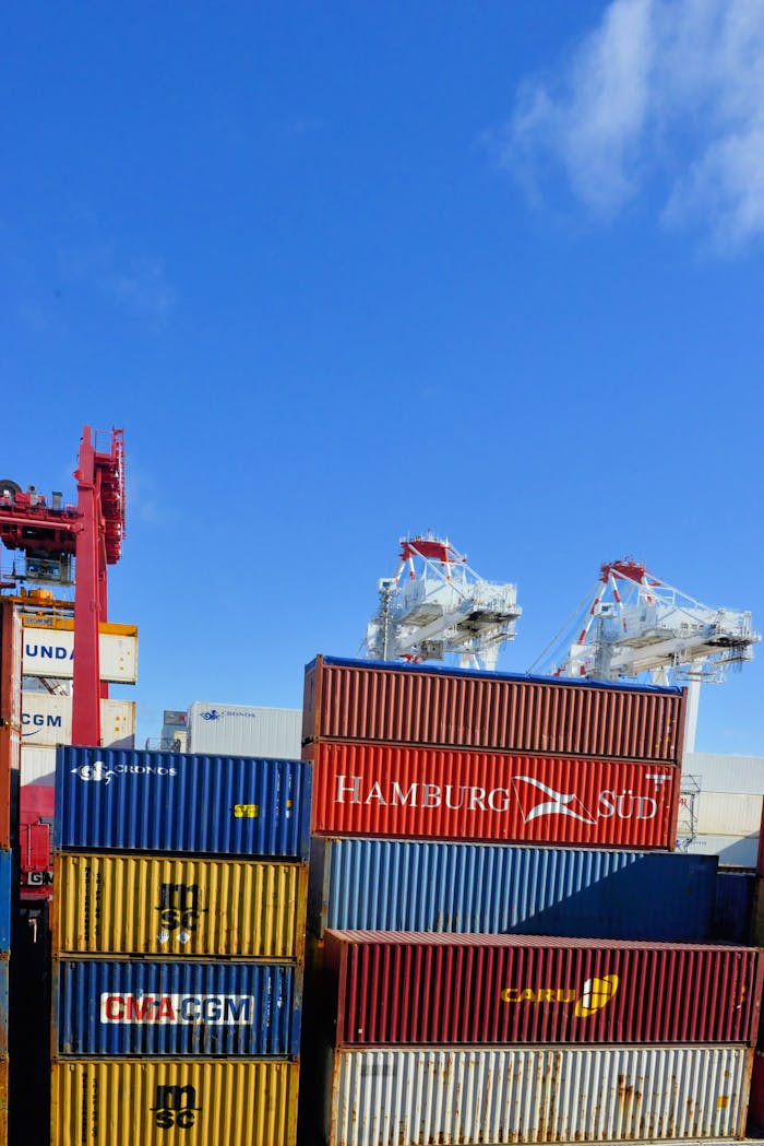 about-01 Colorful cargo containers stacked at a busy shipping port under a clear blue sky.