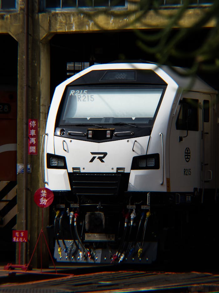 gallery-1 Front view of a modern train at Changhua Rail Depot in Taiwan, showcasing industrial design.